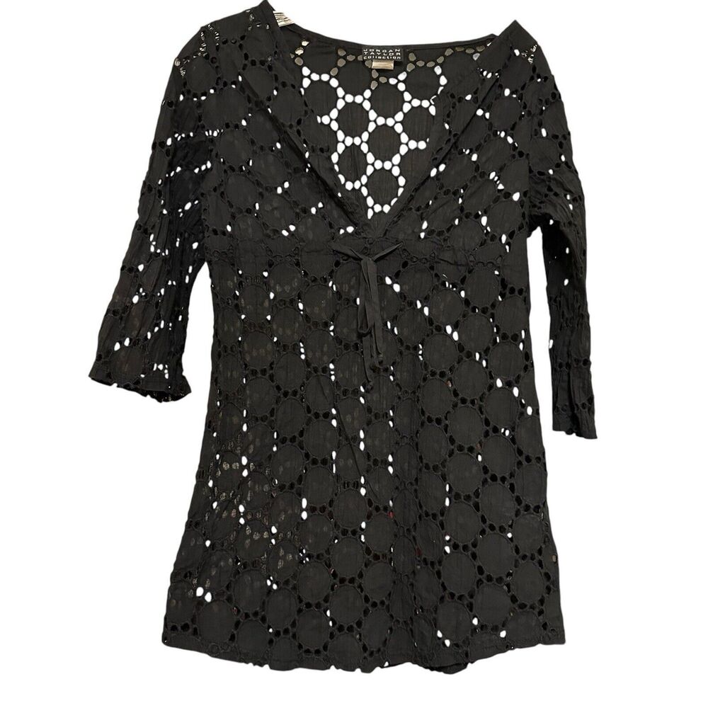 Jordan Taylor Vintage Black‎ Cotton Crochet Baby Doll Top M V Neck Whimsigoth